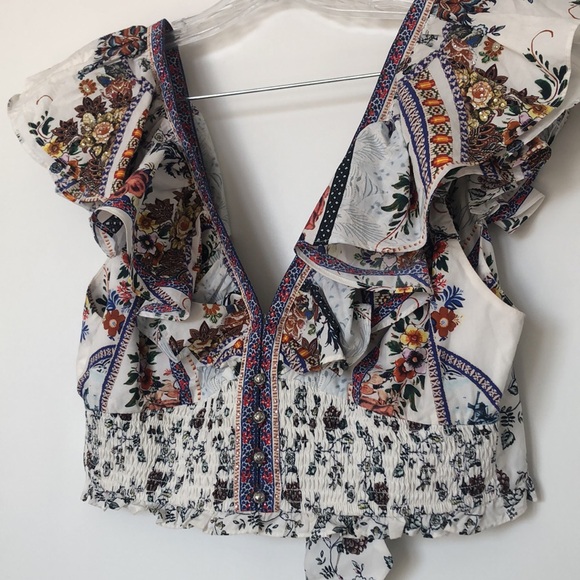 Deep V Frill Short Sleeve Top Cropped Shirt in "My Folk Art Heart" print - Picture 10 of 16